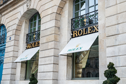 Paris, France - 13 February 2022: Exterior of a Rolex store in Place Vendome, Paris, France