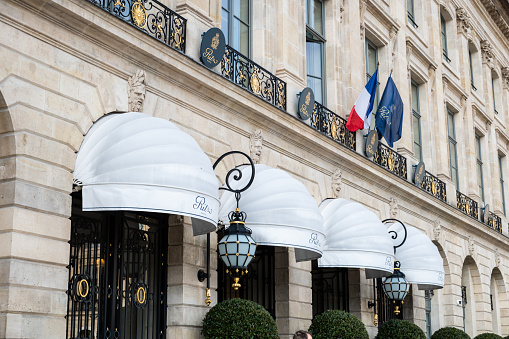 Paris, France - 13 February 2022: The main facade of Ritz hotel in Paris, France