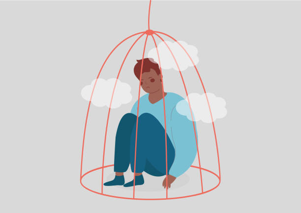 Young black man sitting inside a bird cage. Prisoner adolescent male influenced in his mental health by lockdown. Vector stock Young black man sitting inside a bird cage. Prisoner adolescent male influenced in his mental health by lockdown. Bullying, addiction, psychological issues, restrictions on human rights concept. prison lockdown stock illustrations