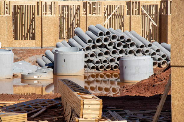 A stack of concrete pipes is reflected in stormwater accumulated in an excavated area of a construction site. Stacked wooden trusses and chipboard clad buildings visible. stock photo