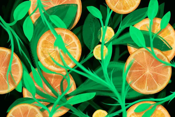 Vector illustration of Oranges and green leaves pattern