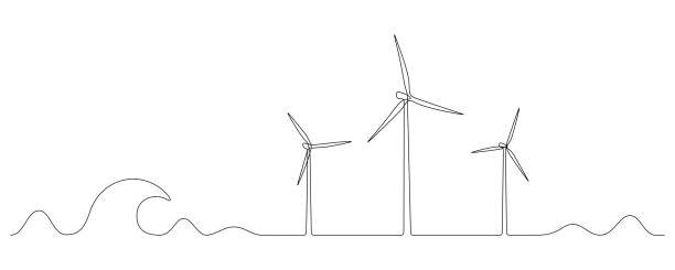 海の風力発電所のタービンと風車の1つの連続した線画。グリーンエネルギーと再生可能な電力コンセプトを、シンプルなリニアスタイルで実現。落書きベクトルのイラスト。 - 風力発電点のイラスト素材／クリップアート素材／マンガ素材／アイコン素材