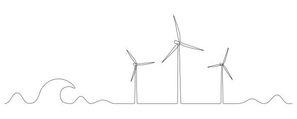 Wind farm turbines and windmill at the Sea in One continuous line drawing. Green energy and renewable source of power concept in simple linear style. Doodle vector illustration. Wind farm turbines and windmill at the Sea in One continuous line drawing. Green energy and renewable source of power concept in simple linear style. Doodle vector illustration.. wind farm sea stock illustrations