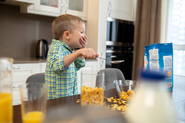 istock Boy sitting at the kitchen table among scattered breakfast cereals 1372007729