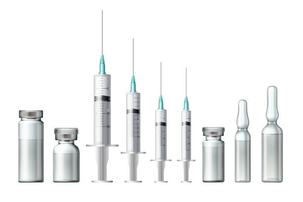 Set of Realistic Bottles and Syringes. Coronavirus Vaccine, Botox, Filler, Hyaluronic Acid Closeup. Set of Realistic Bottles and Syringes. Coronavirus Vaccine, Botox, Filler, Hyaluronic Acid Closeup. Drug Ampoule Design Template. Vaccination concept. Top View vector illustration isolated on white medical injection stock illustrations