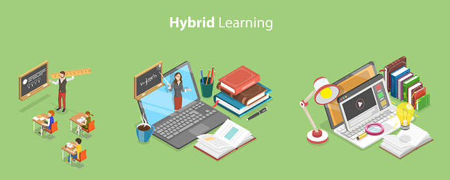 3D Isometric Flat Vector Conceptual Illustration of Hybrid Learning , Distance Learning Technologies