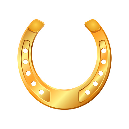 Golden horseshoe, lucky St. Patricks day symbol. Good luck sign, vector illustration isolated on white background.
