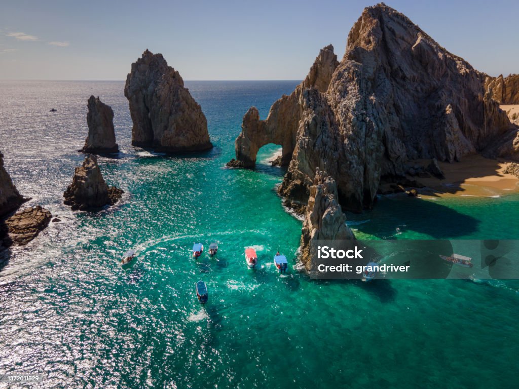Aerial view looking down at the famous Arch of Cabo San Lucas, Baja California Sur, Mexico Darwin Arch glass-bottom boats viewing sea life Mexico Stock Photo