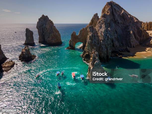 Aerial View Looking Down At The Famous Arch Of Cabo San Lucas Baja California Sur Mexico Darwin Arch Glassbottom Boats Viewing Sea Life Stock Photo - Download Image Now