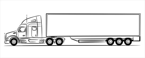 illustrations, cliparts, dessins animés et icônes de camion semi-remorque américain silhouette abstraite sur fond blanc.  un dessin au trait dessiné à la main d’une voiture de camion remorque. vue d’illustration au trait de côté. - vehicle trailer trucking white outline