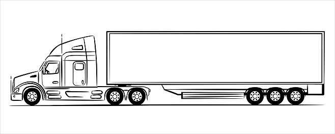 American semi trailer truck abstract silhouette on white background.  A hand drawn line art of a trailer truck car. Line art illustration view from side.