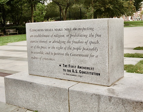 The First Amendment to the Constitution in stone in downtown Philadelphia, Pennsylvania