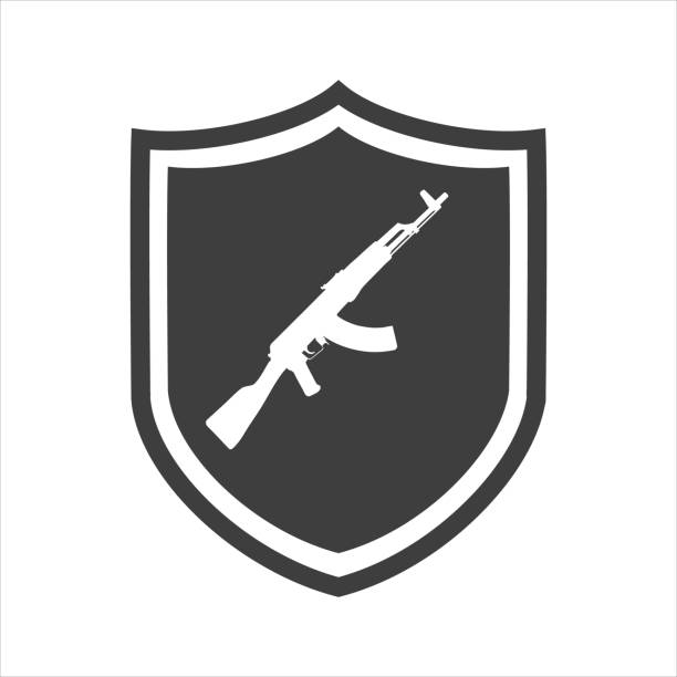 ilustrações de stock, clip art, desenhos animados e ícones de ak47 icon. kalashnikov machine gun black silhouette. vector illustration - gun rifle weapon ak 47