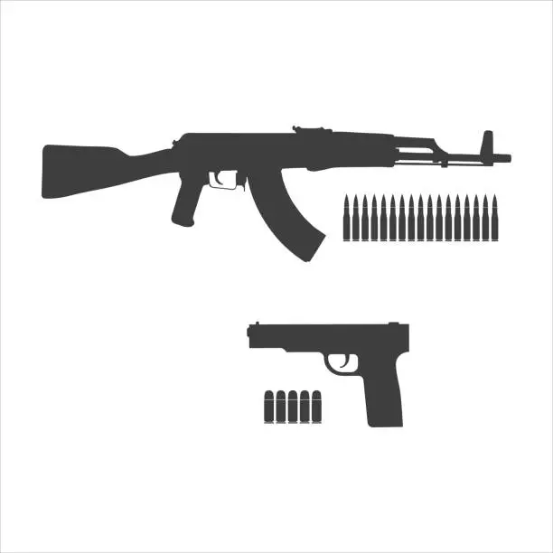 Vector illustration of Semi-Automatic Rifle, Bolt Action Rifle and Pistols Silhouette Vector