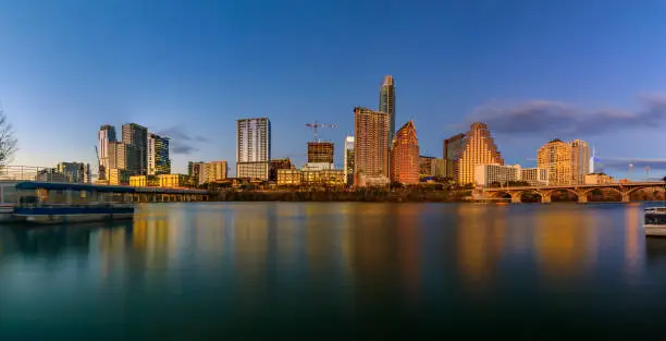 Photo of Panorama of downtown Austin Texas across Lady Bird Lake at sunset golden hour