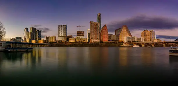 Photo of Panorama of downtown Austin Texas across Lady Bird Lake at sunset golden hour