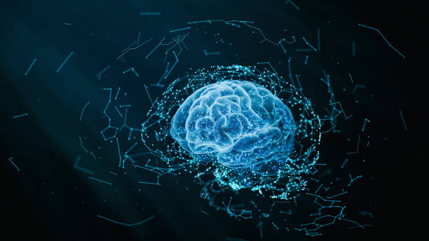 Artificial Intelligence concept - 3d rendered image. Dark background. Glowing abstract digital neuron connections. Hologram human brain view.  Innovative process technology. Plexus lines.