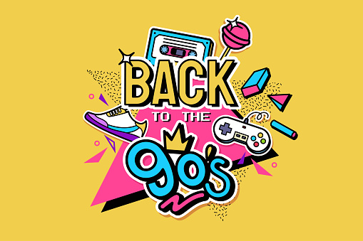 Back to the 90's. Colorful poster with lettering, abstract geometric shapes, audio cassette, sneakers and retro gamepad. Event or party invitation design in 1990s style. Vector illustration.