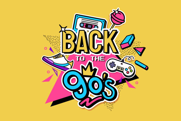 Back to the 90's. Colorful poster with lettering, abstract geometric shapes, audio cassette, sneakers and retro gamepad. Event or party invitation design in 1990s style. Vector illustration. Back to the 90's. Colorful poster with lettering, abstract geometric shapes, audio cassette, sneakers and retro gamepad. Event or party invitation design in 1990s style. Vector illustration. audio cassette illustrations stock illustrations
