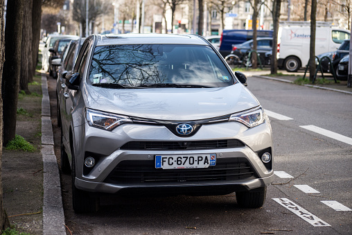 Strasbourg - France - 19 February 2022 - Front view of grey Toyota rav4 parked in the street