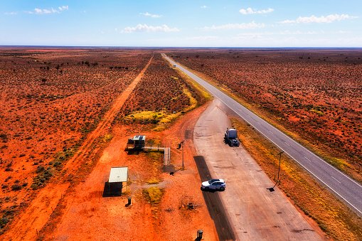 Rest area stop at Dolo Hill on Barrier highway in Australian outback to Broken Hill - aerial landscape.