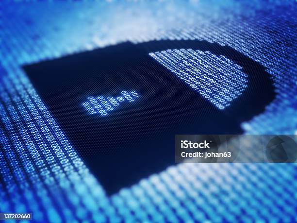 Binary Code With Lock Shape On Pixellated Screen Stock Photo - Download Image Now - Abstract, Backgrounds, Binary Code