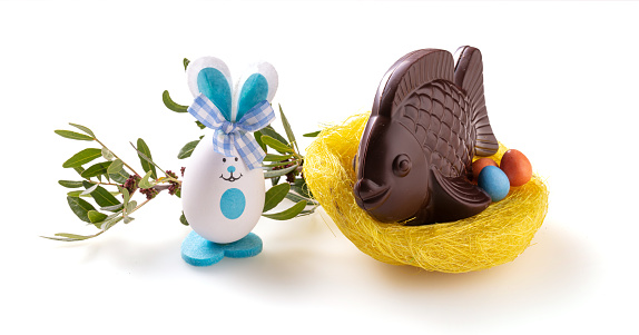 Delicious Easter chocolate assortments on a white table