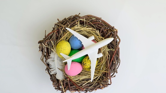 White plane and easter eggs in nest, top view. Spring easter season, travel concept background.