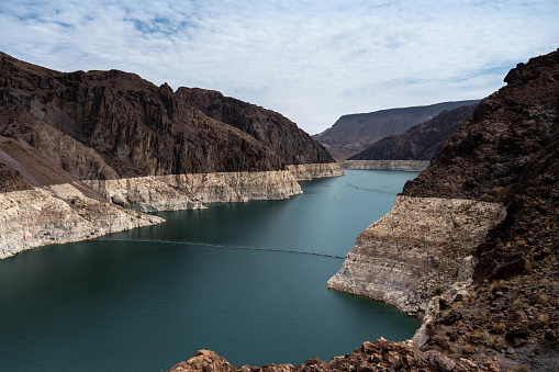 Low water line of Colorado River at Hoover Dam showing the extent of record drought, Arizona and Nevada