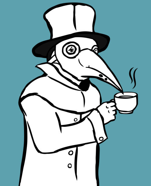 Plague doctor with a mask and hat with cup of tea(or coffee). Plague doctor with a mask and hat with cup of tea(or coffee). Black and white vector illustration. black plague doctor stock illustrations
