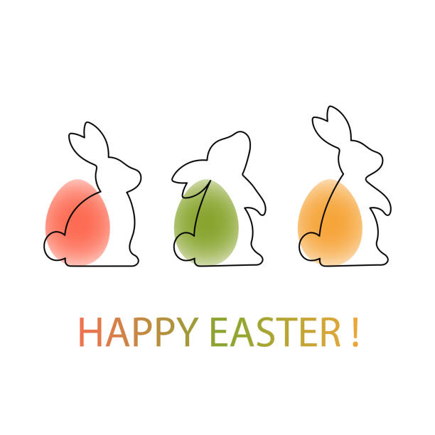Happy Easter! Easter greeting card. Minimalism. Silhouettes of rabbits with bright eggs shaped accents. Vector illustration. Happy Easter! Easter greeting card. Minimalism. Silhouettes of rabbits with bright eggs shaped accents. Vector illustration. easter silhouettes stock illustrations