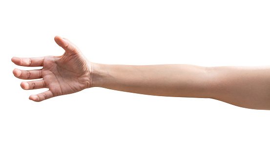 Close up woman hand holding something like a bottle or can isolated on white background with clipping path.