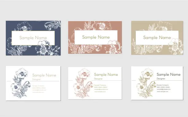 Vector illustration of business card template design with hand drawn anemone flower illustration