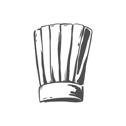 Chef hat sketch on a white isolated background. Kitchen uniform. Vector hand-drawn illustration. Icon.