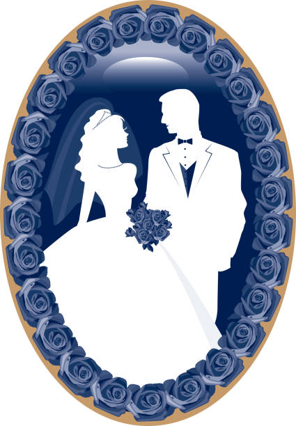 blue cameo bride and groom silhouette with roses - cameo brooch 幅插畫檔、美工圖案、卡通及圖標