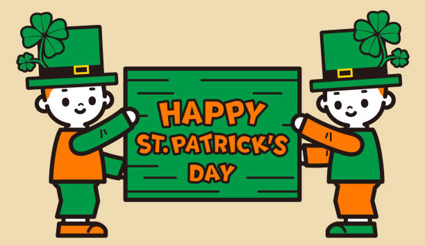 ilustraciones, imágenes clip art, dibujos animados e iconos de stock de lindos niños disfrazados del día de san patricio que llevan una tabla con texto de bienvenida escrito a mano - clover st patricks day welcome sign greeting