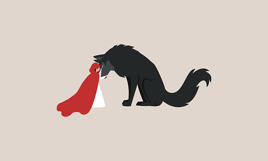 Little red riding hood touching wolf's face.