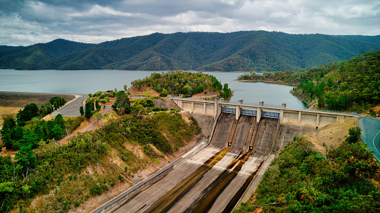 Aerial view of the Lake Eildon hydroelectric infrastructure dam and surrounds