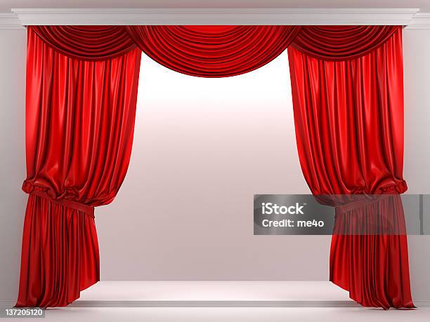3d Showcase With Red Curtain Stock Photo - Download Image Now - Curtain, Red, Theatrical Performance