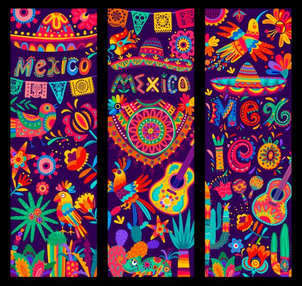 illustrazioni stock, clip art, cartoni animati e icone di tendenza di musica e cultura messicana per le vacanze, striscioni di fiesta - traditional ceremony illustrations