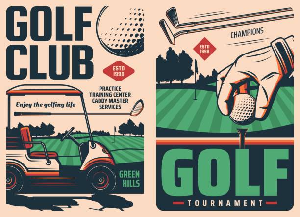 Golf sport club tournament vector vintage posters Golf sport vintage posters. Golf club tournament or championship, sport training center retro banners with flagstick on golf course, ball in player hand and golf cart, putter, iron and hybrid clubs golf stock illustrations