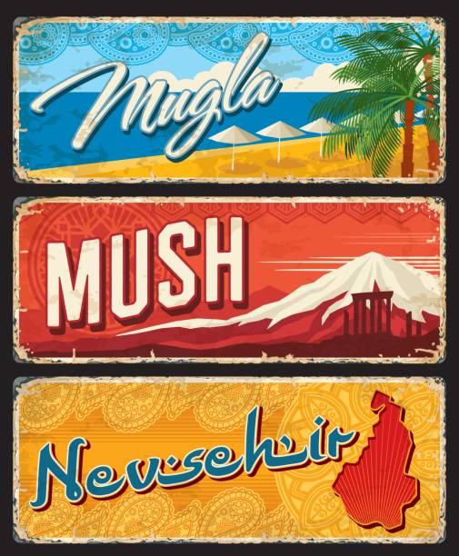 Mugla, Mush, Nevsehir il, Turkey provinces plates Mugla, Mush and Nevsehir il, Turkey provinces plates or vintage banners. Vector retro grunge boards, aged travel destination signs, postcards, worn touristic Turkish landmarks signboards plaques set map of turkey nevsehir stock illustrations