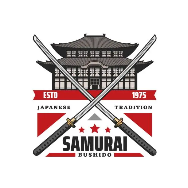 Vector illustration of Samurai bushido icon, Japanese katanas, pagoda