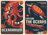 istock Octopus, squid, sea turtle and crab retro posters 1372052452