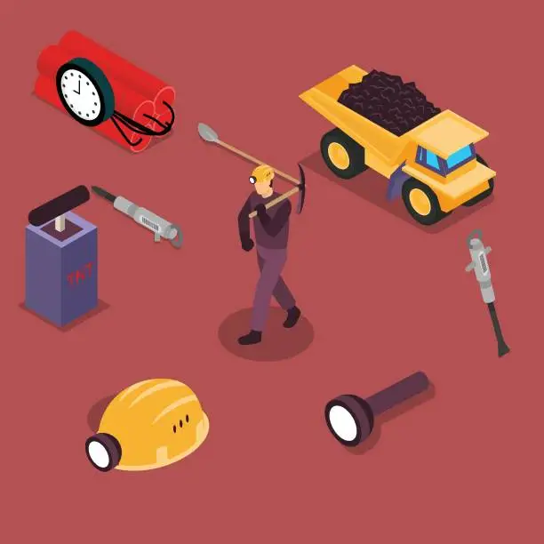 Vector illustration of Worker with Set of mining tools isometric 3d