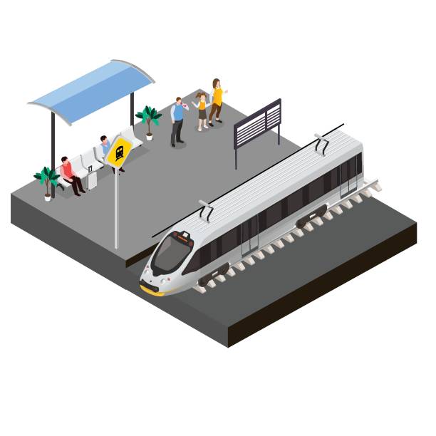 fahrgäste, die auf einen zugisometrischen 3d warten - electric train illustrations stock-grafiken, -clipart, -cartoons und -symbole