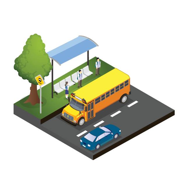 Students in uniform waiting for a school bus isometric 3d Students in uniform waiting for a school bus isometric 3d vector concept for banner, website, illustration, landing page, flyer, etc. school bus stop stock illustrations