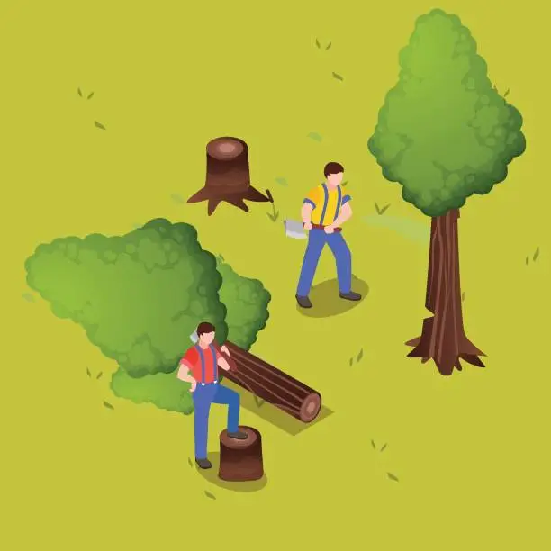 Vector illustration of Men cutting trees isometric 3d isometric 3d