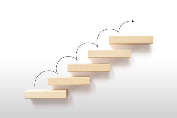 istock Growth or increase design concept. Cube block staircase moving step growing up to target on white background. Success achievement or goal business motivation 1372054222