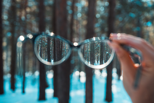 Looking through eyeglasses to winter forest. Winter landscape in sunny day. Selective focus. Shallow depth of field.